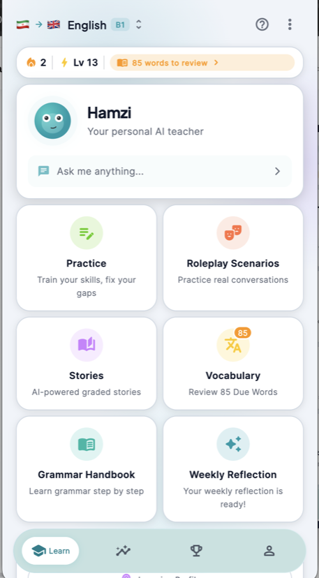 Main course page showing your AI teacher and learning features