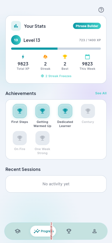 Progress tracking with stats, achievements, and streaks